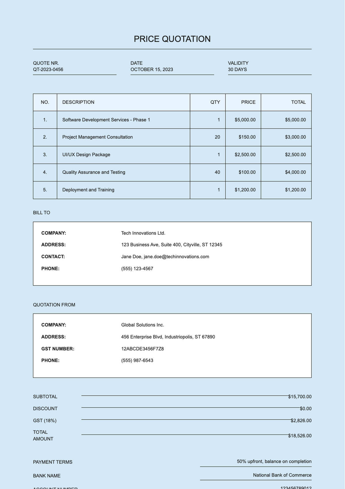 GST format invoice template with light blue background and itemized table_variant_1